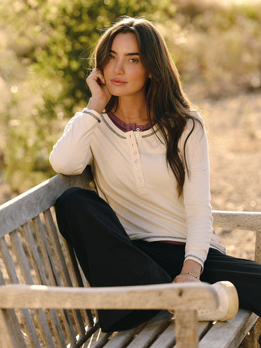 Alida Feather Rib Contrast 3/4-Sleeve Henley Womens Tops Long Shirt Threads 4 Thought