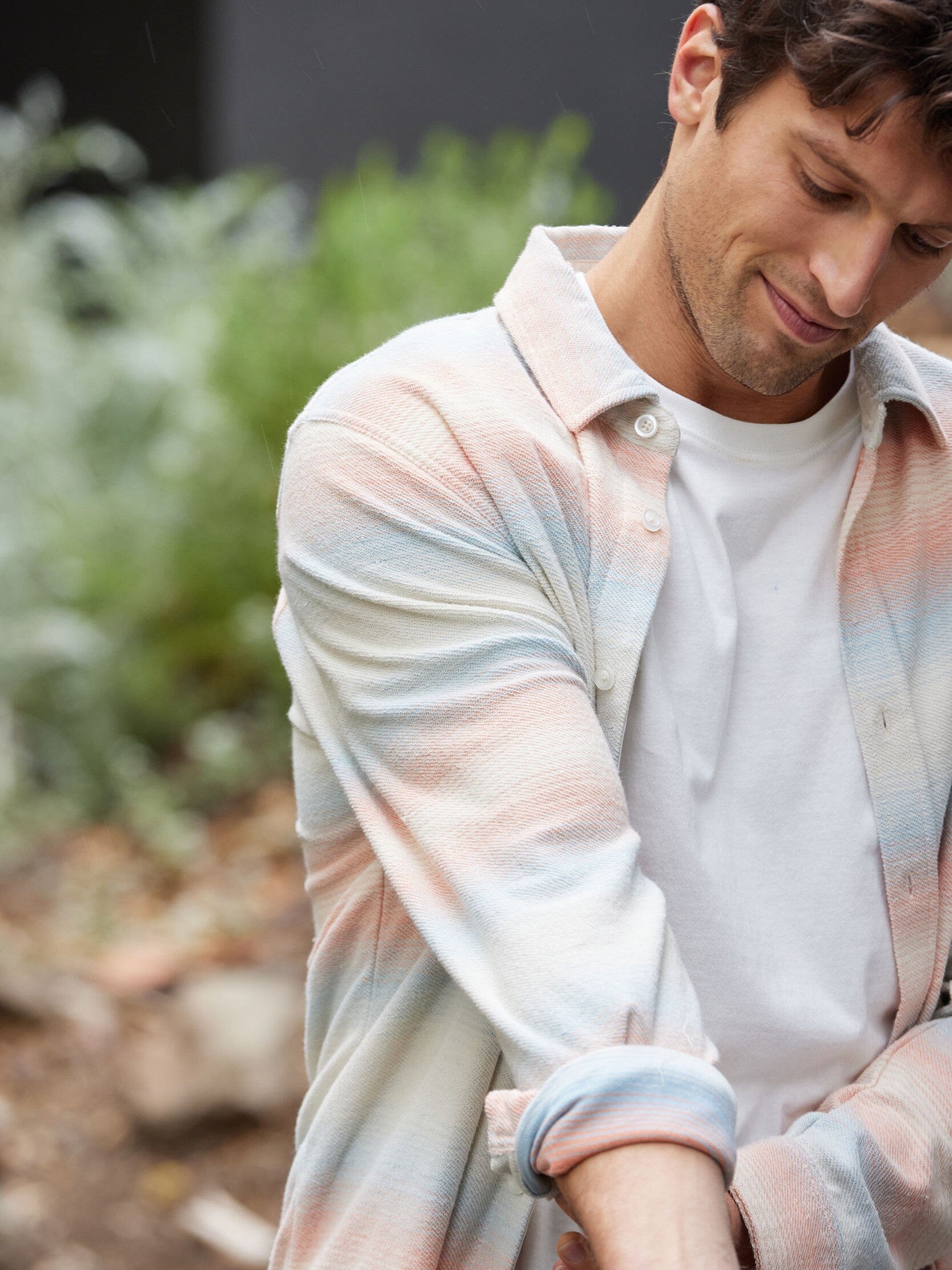 Mika Yarn Dye Stripe Triblend Terry Button-Down Shirt Mens Outerwear Sweatshirt Threads 4 Thought 