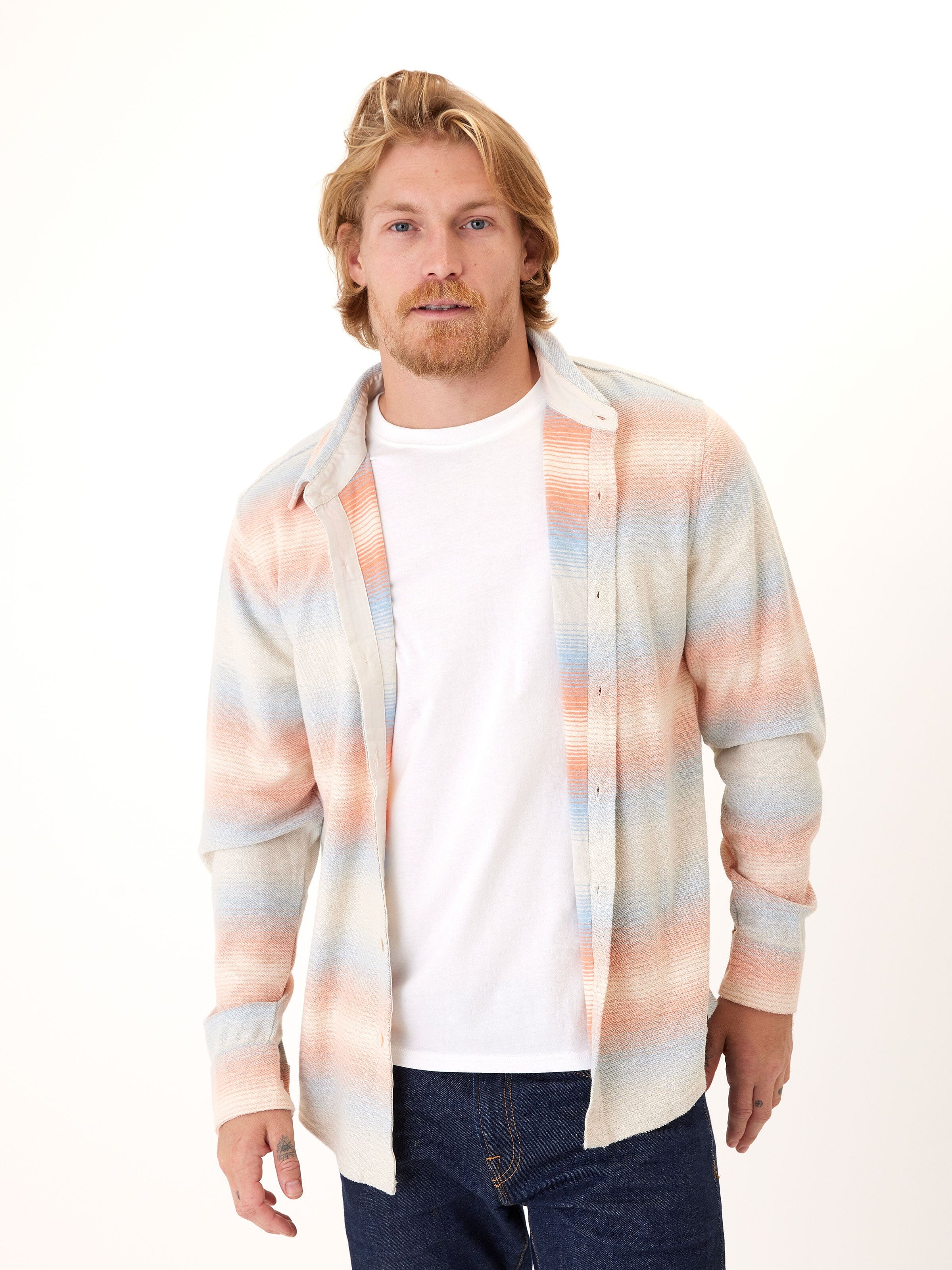 Mika Yarn Dye Stripe Triblend Terry Button-Down Shirt Mens Outerwear Sweatshirt Threads 4 Thought 