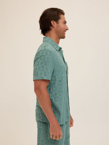 Paxton Tile Leaf Jacquard Terry Button-Down Pocket Shirt Mens Tops Tshirt Short Threads 4 Thought