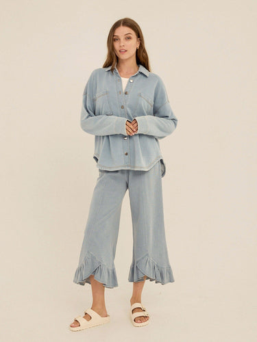 Blaire Denim Terry Button-Down Womens Tops Long Shirt Threads 4 Thought