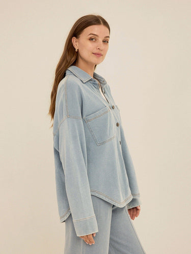 Blaire Denim Terry Button-Down Womens Tops Long Shirt Threads 4 Thought