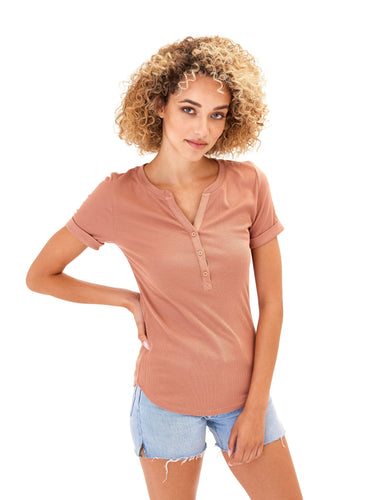 Akia Feather Rib Henley Tee Womens Tops Short Threads 4 Thought