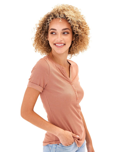 Akia Feather Rib Henley Tee Womens Tops Short Threads 4 Thought