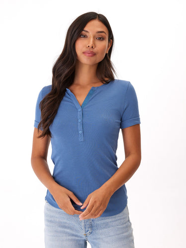Akia Feather Rib Henley Tee Womens Tops Short Threads 4 Thought