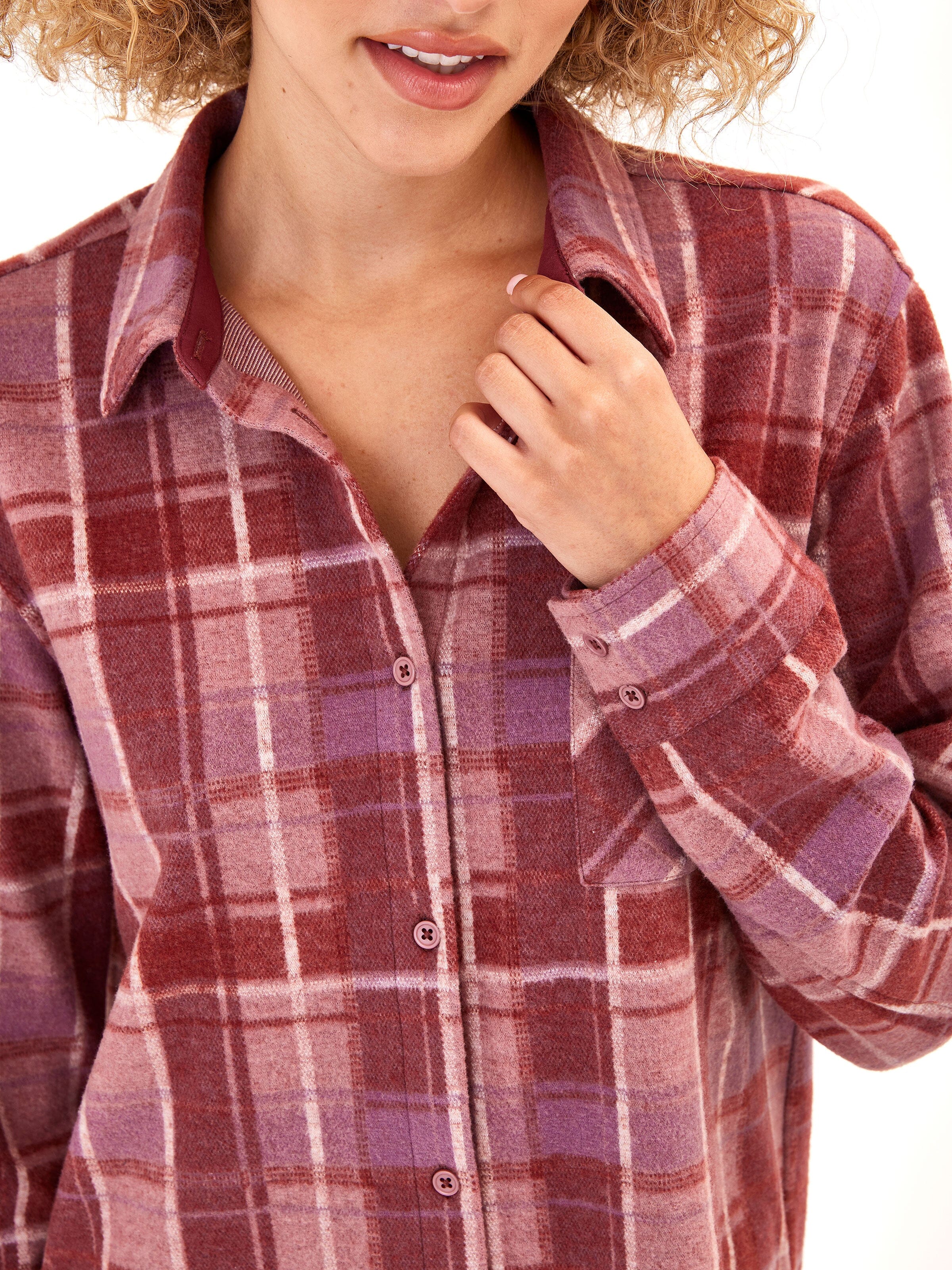 Kandyce Knit Fleece Button Front Shirt Womens Tops Long Threads 4 Thought 