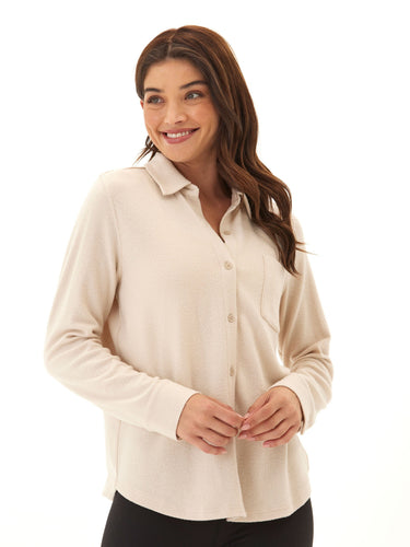 Kandyce Solid Knit Fleece Button-Up Womens Tops Long Shirt Threads 4 Thought