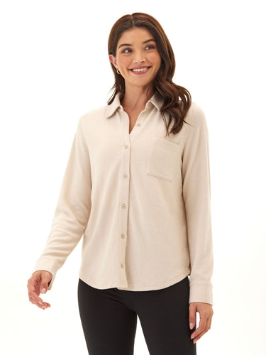 Kandyce Solid Knit Fleece Button-Up Womens Tops Long Shirt Threads 4 Thought