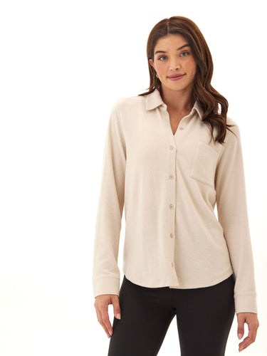 Kandyce Solid Knit Fleece Button-Up Womens Tops Long Shirt Threads 4 Thought