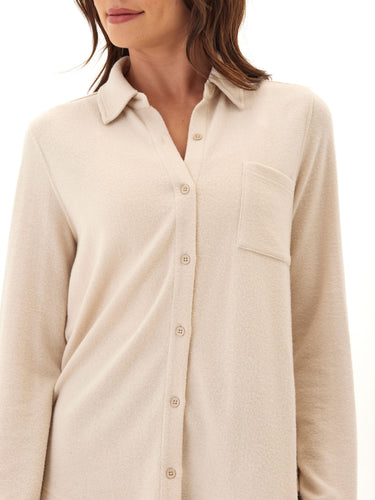 Kandyce Solid Knit Fleece Button-Up Womens Tops Long Shirt Threads 4 Thought