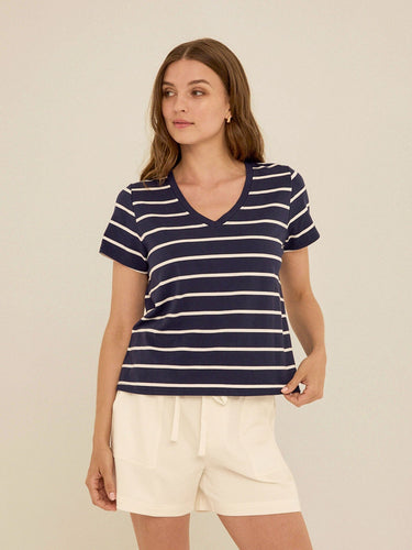 Maxine Stripe Eco Jersey V-Neck Tee Womens Tops Short Shirt Threads 4 Thought