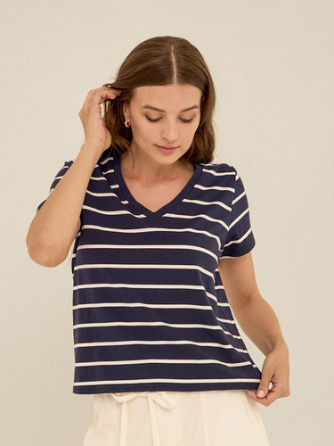 Maxine Stripe Eco Jersey V-Neck Tee Womens Tops Short Shirt Threads 4 Thought