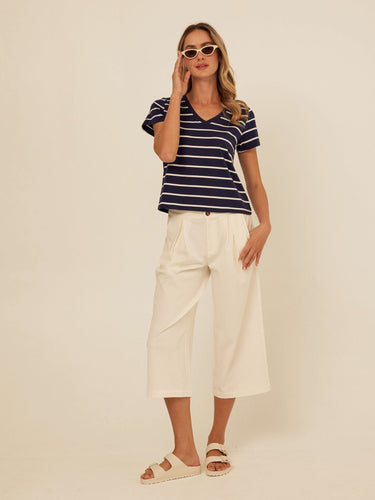 Mikki Stretch Twill Pleated Wide Leg Capri Pant Womens Bottoms Pants Threads 4 Thought