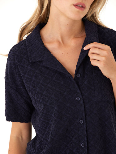 Mikaela Jacquard Terry Button-Up Womens Tops Short Shirt Threads 4 Thought