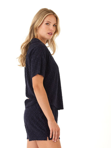 Mikaela Jacquard Terry Button-Up Womens Tops Short Shirt Threads 4 Thought