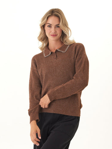Julieta Cozy Solid Knit Long Sleeve Sweater Polo Womens Outerwear Sweater Threads 4 Thought