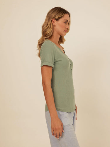 Akia Feather Rib Trim Detail Henley Tee Womens Tops Short Shirt Threads 4 Thought