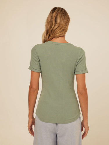 Akia Feather Rib Trim Detail Henley Tee Womens Tops Short Shirt Threads 4 Thought