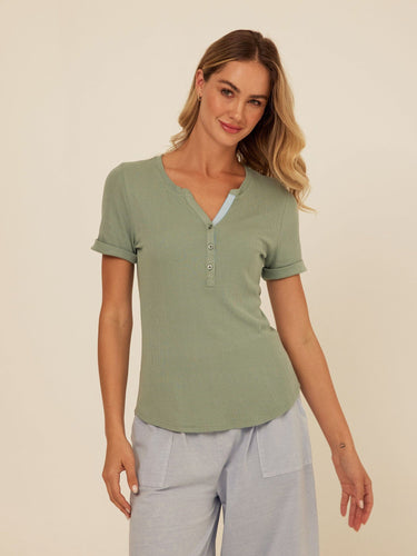 Akia Feather Rib Trim Detail Henley Tee Womens Tops Short Shirt Threads 4 Thought