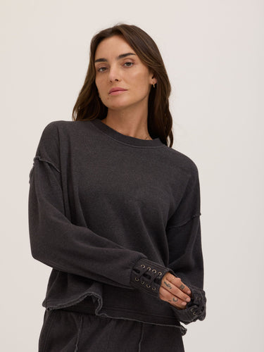 Roxanna Mineral Wash Fleece Tie Cuff Sweatshirt Womens Outerwear Sweatshirt Threads 4 Thought