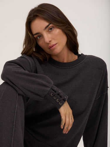 Roxanna Mineral Wash Fleece Tie Cuff Sweatshirt Womens Outerwear Sweatshirt Threads 4 Thought