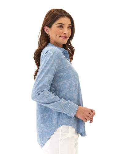 Prudence Grid Plaid Stretch Chambray Button-Down Threads 4 Thought