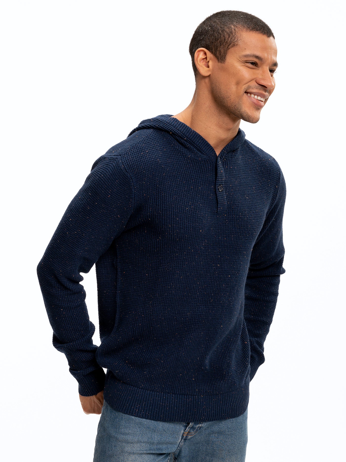 Waffle knit henley hoodie Clearance