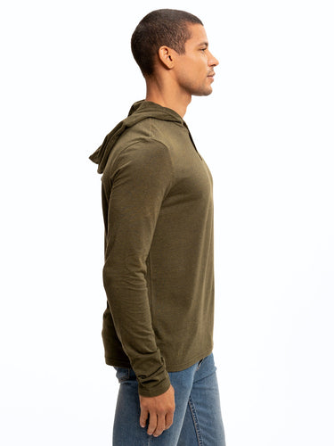 Long Sleeve Triblend 2-Button Henley Hoodie Mens Tops Tshirt Long Threads 4 Thought