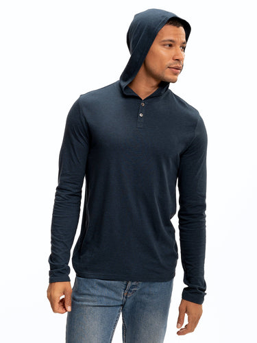 Long Sleeve Triblend 2-Button Henley Hoodie Mens Tops Tshirt Long Threads 4 Thought