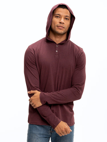 Long Sleeve Triblend 2-Button Henley Hoodie Mens Tops Tshirt Long Threads 4 Thought