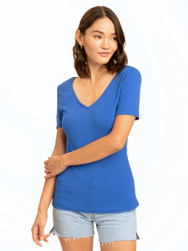 Darina Feather Rib Double V-Neck Top Womens Tops Short Threads 4 Thought