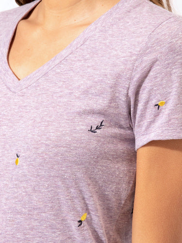 Lemon Embroidery V-Neck Tee Womens Tops Short Threads 4 Thought