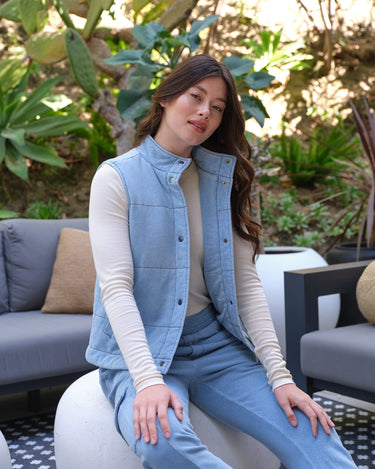 Malia Denim Terry Puffer Vest Womens Outerwear Jacket Threads 4 Thought 