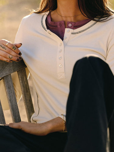 Alida Feather Rib Contrast 3/4-Sleeve Henley Womens Tops Long Shirt Threads 4 Thought 