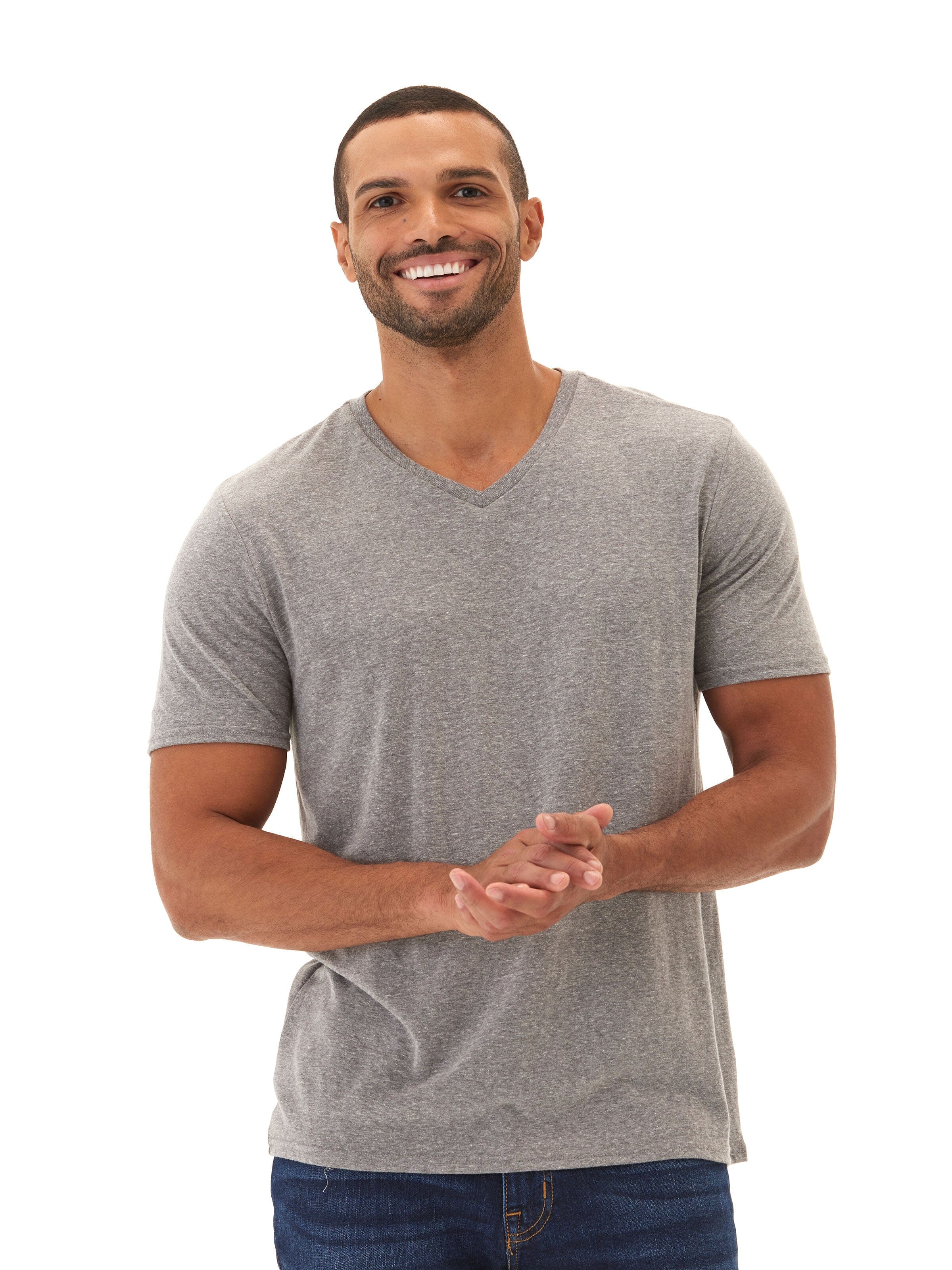 Triblend Short Sleeve V Neck Tee in Heather Grey