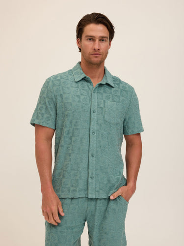 Paxton Tile Leaf Jacquard Terry Button-Down Pocket Shirt Mens Tops Tshirt Short Threads 4 Thought 