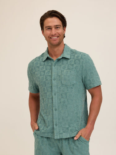 Paxton Tile Leaf Jacquard Terry Button-Down Pocket Shirt Mens Tops Tshirt Short Threads 4 Thought 