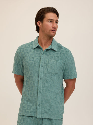 Paxton Tile Leaf Jacquard Terry Button-Down Pocket Shirt Mens Tops Tshirt Short Threads 4 Thought 