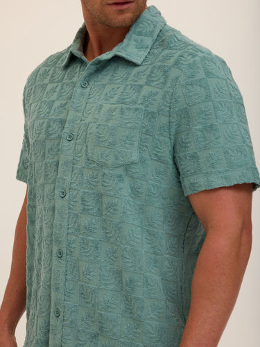 Paxton Tile Leaf Jacquard Terry Button-Down Pocket Shirt Mens Tops Tshirt Short Threads 4 Thought 