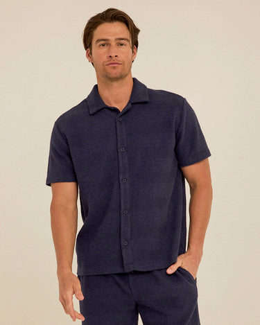 Archer Jacquard Textured Stripe Button-Down Pocket Shirt Mens Tops Tshirt Short Threads 4 Thought 
