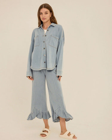 Blaire Denim Terry Button-Down Womens Tops Long Shirt Threads 4 Thought 