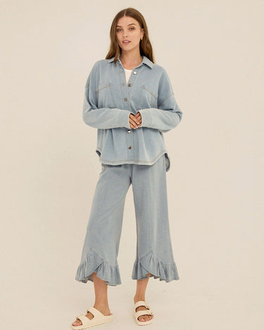 Blaire Denim Terry Button-Down Womens Tops Long Shirt Threads 4 Thought 