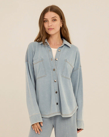 Blaire Denim Terry Button-Down Womens Tops Long Shirt Threads 4 Thought 