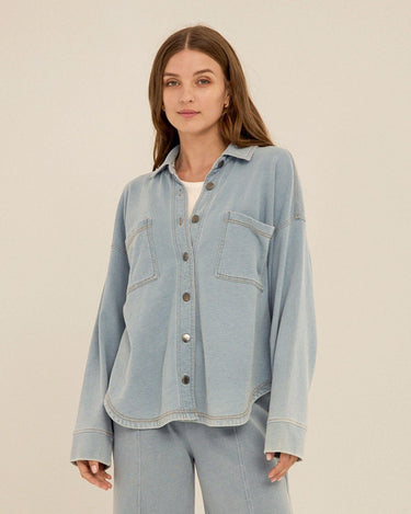 Blaire Denim Terry Button-Down Womens Tops Long Shirt Threads 4 Thought 