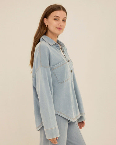 Blaire Denim Terry Button-Down Womens Tops Long Shirt Threads 4 Thought 