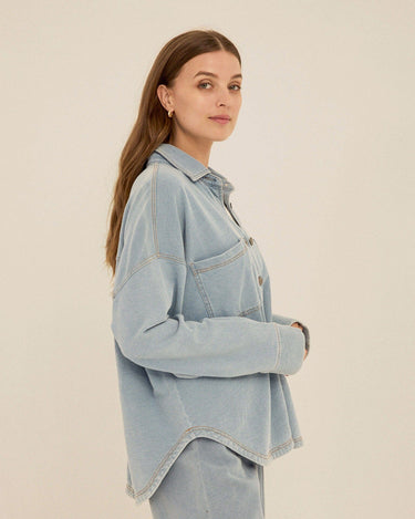Blaire Denim Terry Button-Down Womens Tops Long Shirt Threads 4 Thought 