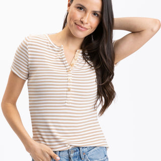 Akia Stripe Feather Rib Henley Tee Womens Tops Short Threads 4 Thought 