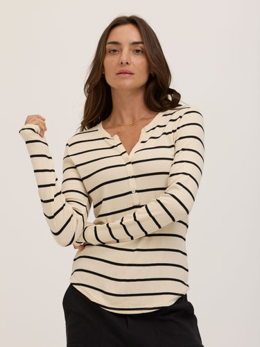 Akia Caribbean Stripe Feather Rib Long Sleeve Henley Womens Tops Long Shirt Threads 4 Thought 
