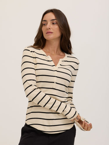 Akia Caribbean Stripe Feather Rib Long Sleeve Henley Womens Tops Long Shirt Threads 4 Thought 