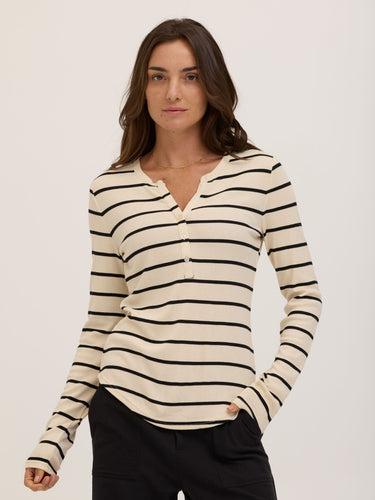Akia Caribbean Stripe Feather Rib Long Sleeve Henley Womens Tops Long Shirt Threads 4 Thought 